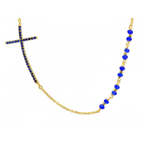 Σταυρός κολιέ παράλληλος με μπλε πέτρες και μπλέ ορυκτές χάντρες σε κίτρινο χρώμα