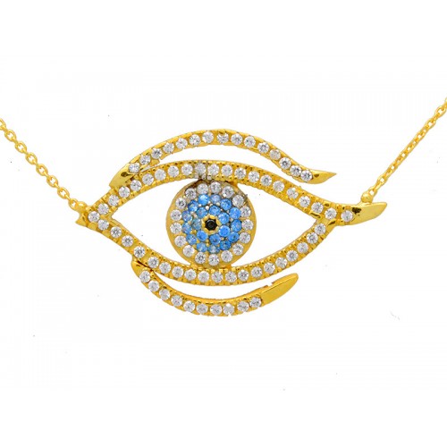 Κίτρινο κολιέ μάτι με γαλάζιες, μάυρες και λευκές πέτρες ζιργκόν
