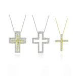 Σταυρός γυναικείος διπλός διασπώμενος σε κίτρινο και λευκό χρυσό με λευκές ζιργκόν πέτρες - Image 2