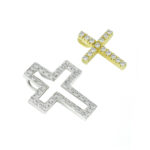 Σταυρός γυναικείος διπλός διασπώμενος σε κίτρινο και λευκό χρυσό με λευκές ζιργκόν πέτρες - Image 5